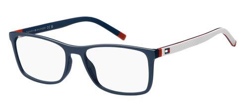Men's comfortable textured rubberized glasses frame with blue front face and white and red arms - image view 1