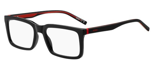 Men's bold style, rectangular shaped eco-cellulose full rim frame with sprung hinged temples supporting eco-cellulose arms with crystal red reverse - image view 1