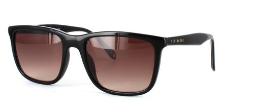 Rectangular lens shaped unisex, shiny black acetate prescription sunglasses frame with barrel hinge temples leading to matching acetate arms with patterned reverse - image view 1