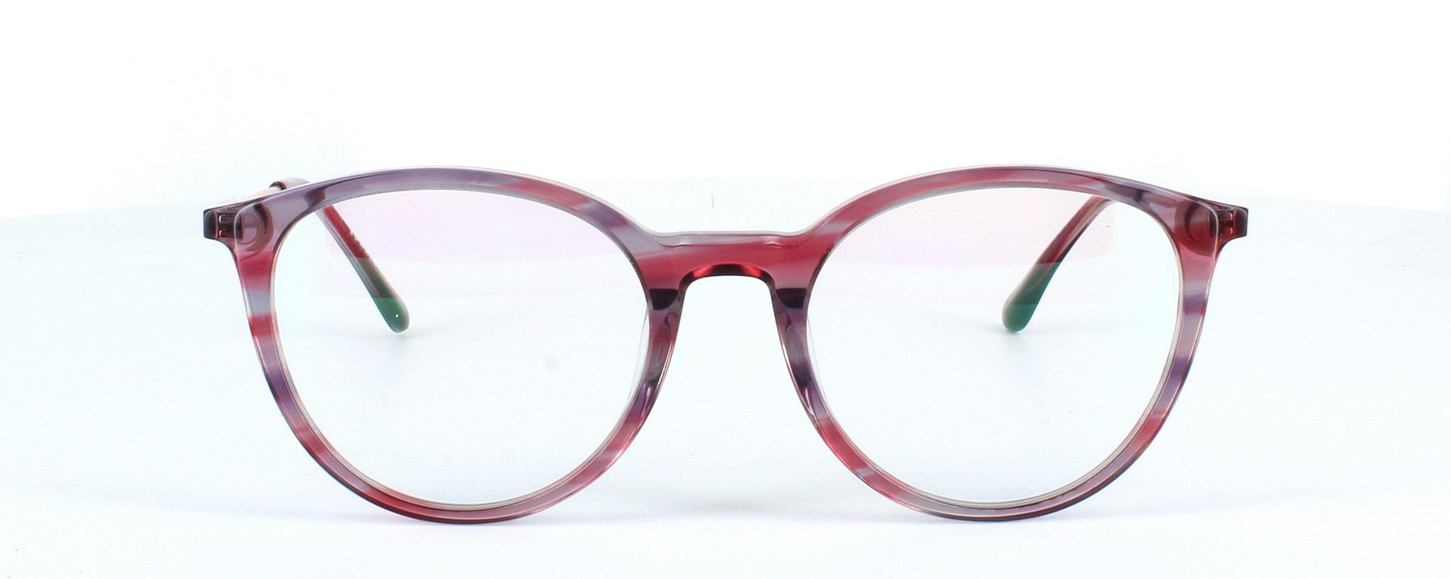 Edward Scotts BJ9201 C614 - Women's round shaped shiny burgundy, purple & grey acetate glasses with gold metal spring hinged arms - image view 2