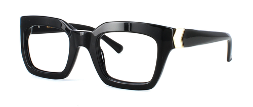 Bowyer & Finch Citrine is a woman's hand made black square shaped acetate glasses frame with three bar barrel hinges and matching acetate arms with gold inlay at the temple - image view 1