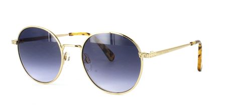 Women's gold metal round shaped sunglasses with fixed hinged temples leading to matching arms with tortoise acetate ear tips - image view 1