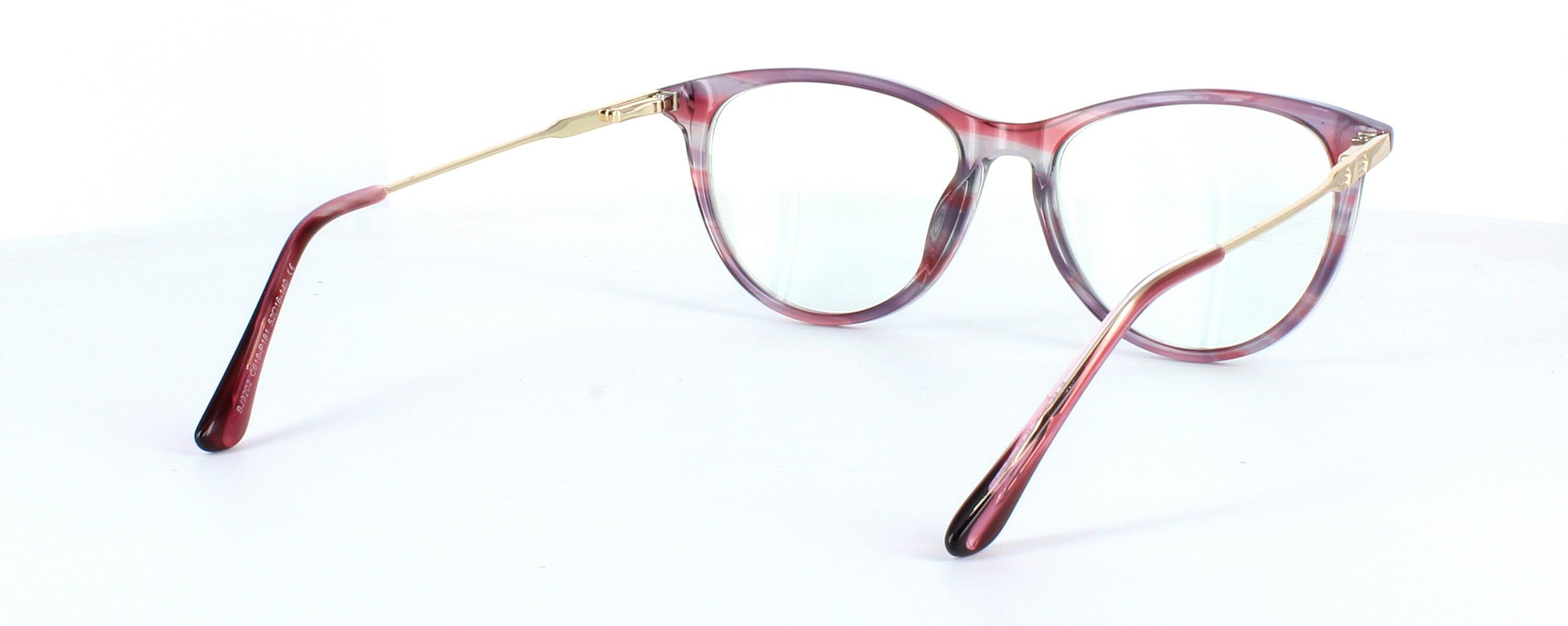 Edward Scotts BJ9201 C618 - Women's oval shaped shiny pink, purple and grey acetate glasses with gold metal spring hinged arms - image view 5