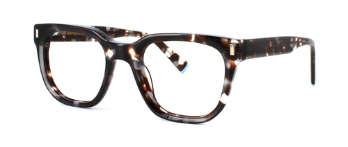 Bowyer & Finch Topaz - A stylish hand made acetate frame for women in mottled brown. Barrel hinges leading to matching arms with light blue tips - image view 1