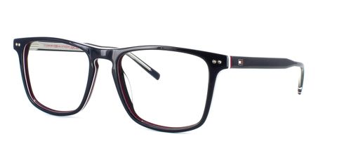 Men's square shaped blue acetate frame with red and white trim and quality barrel hinge - image view 1