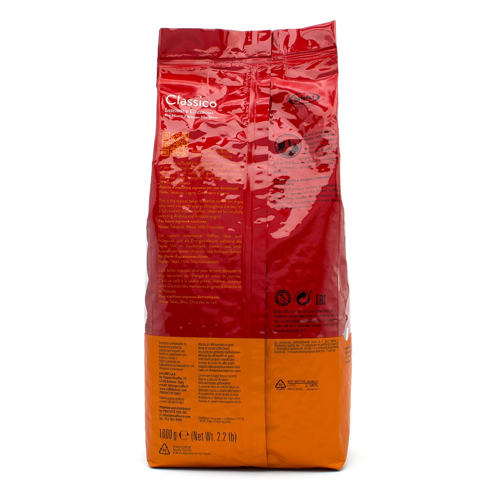Bristot Classico coffee beans, 1 kg bag, back