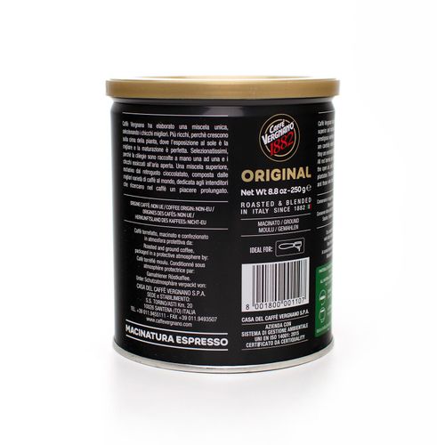 Caffè Vergnano 1882 Original Ground Coffee Tin 250g – back of packaging