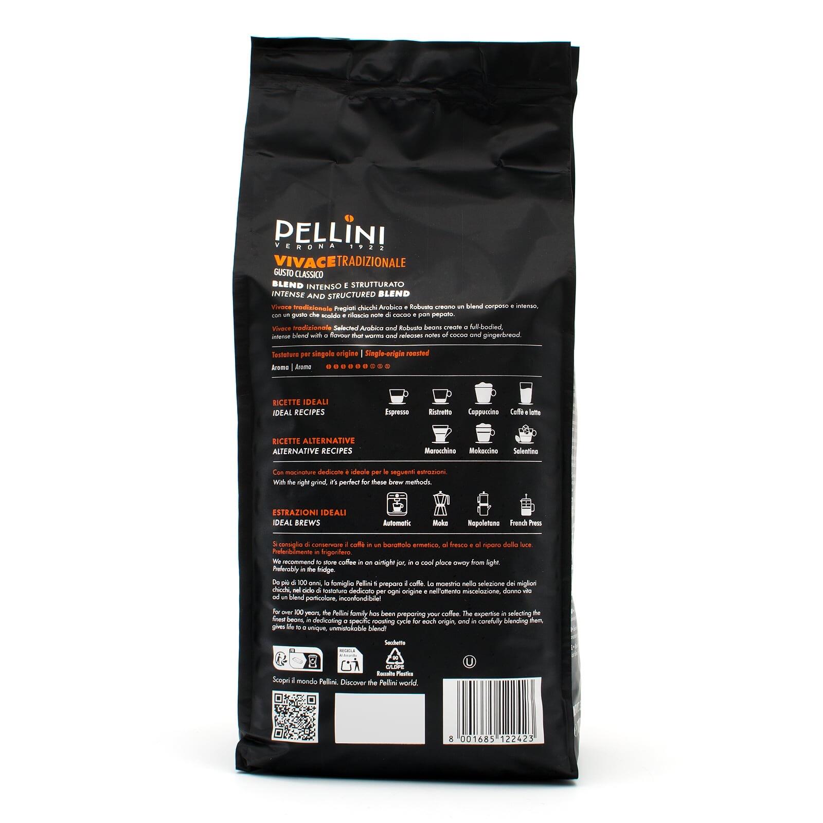 Pellini No.82 Vivace Coffee Beans 1 kg – back of packaging
