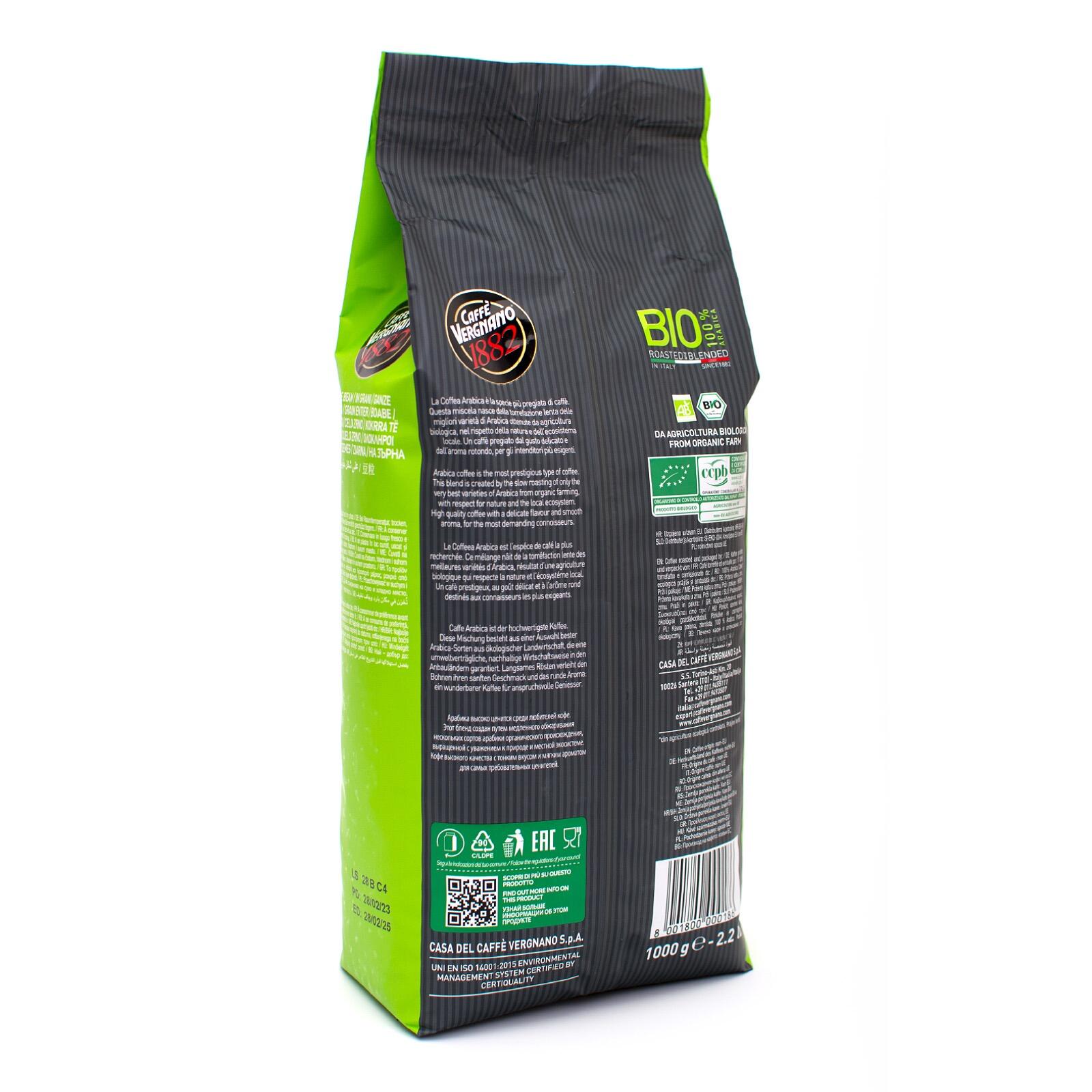 Caffè Vergnano 1882 Arabica Bio en grains aux Arômes délicats - 1kg