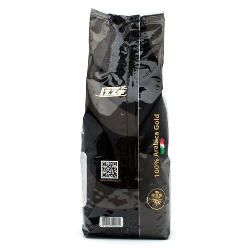 Izzo Gold 100% Arabica coffee beans, 1 kg bag, back with barcode