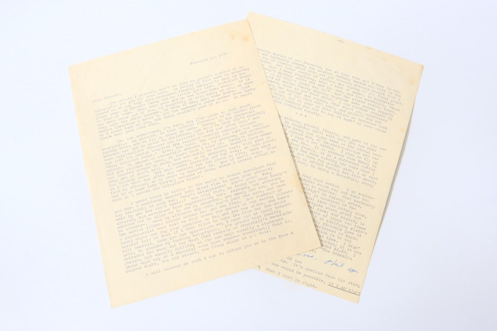 Philip K. Dick - Typed Letter Signed [TLS] to Claudia Bush - No Publisher, 1975, .