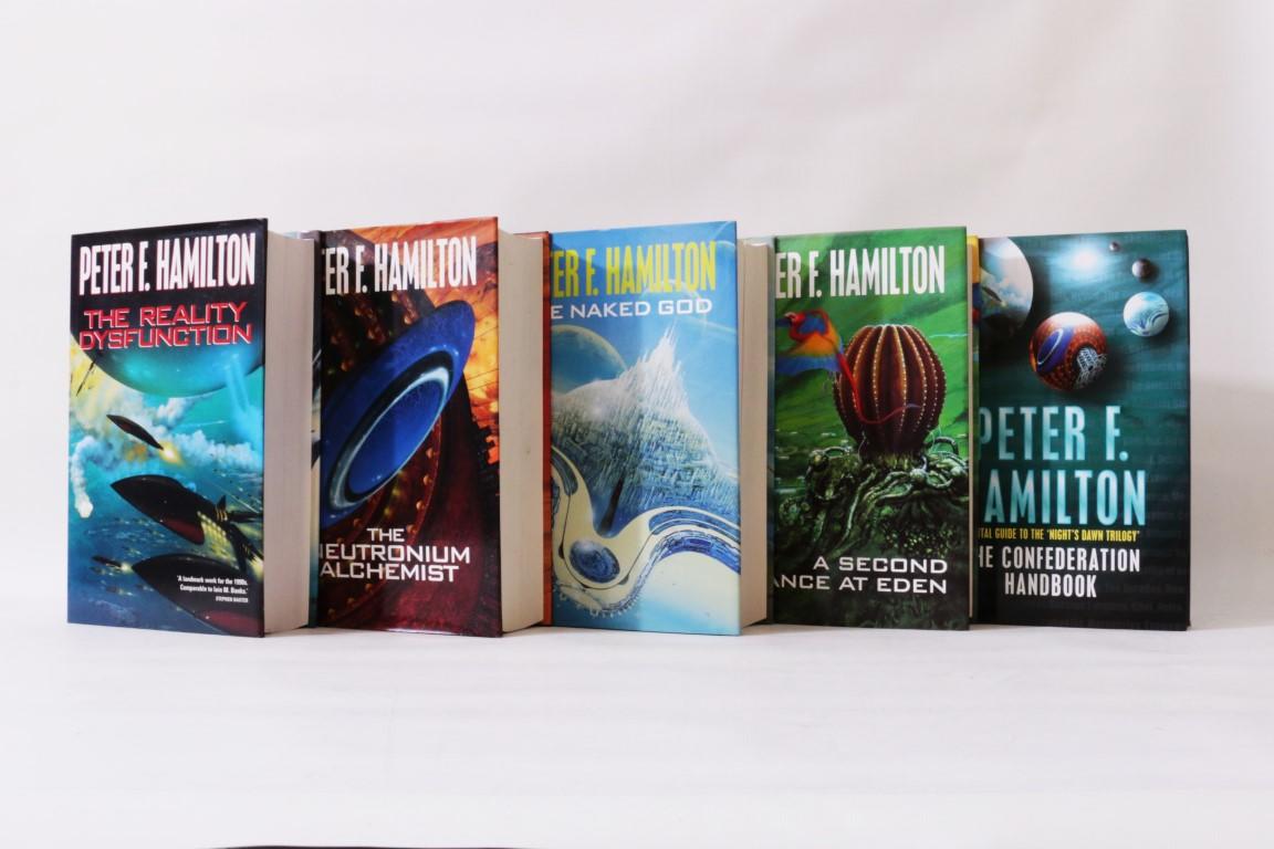 Peter F. Hamilton - The Night's Dawn Trilogy [comprising] The Reality Dysfunction, The Neutronium Alchemist and The Naked God [with] A Second Chance at Eden and The Confederation Handbook - Macmillan & Co., 1996-2005, Signed First Edition.