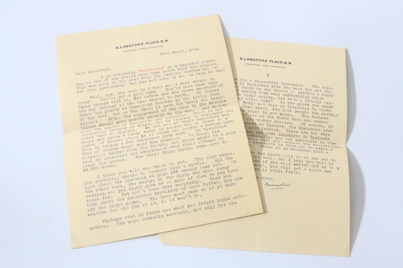 Barry Pain - Typed Letter Signed to Archibald Marshall - , 1913, . Signed