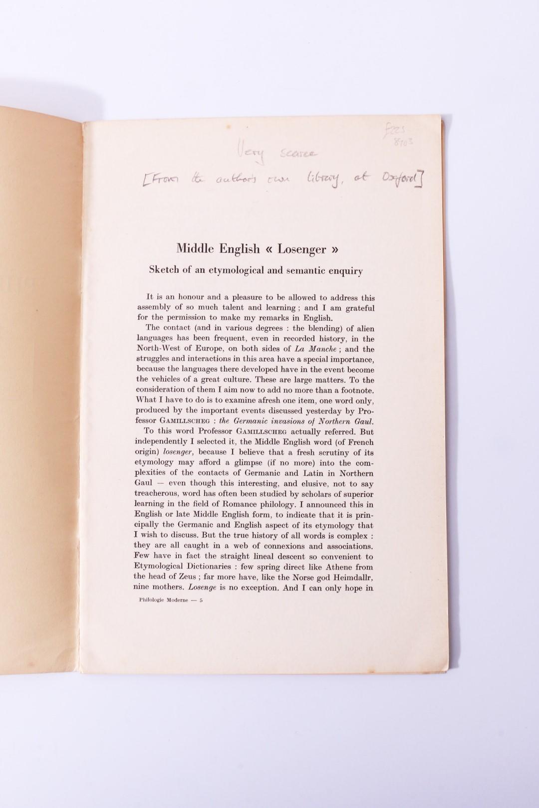 J.R.R. Tolkien - Middle English - Losenger in Essais De Philologie Moderne - Les Belles Lettres, University of Liege, 1953, First Edition.