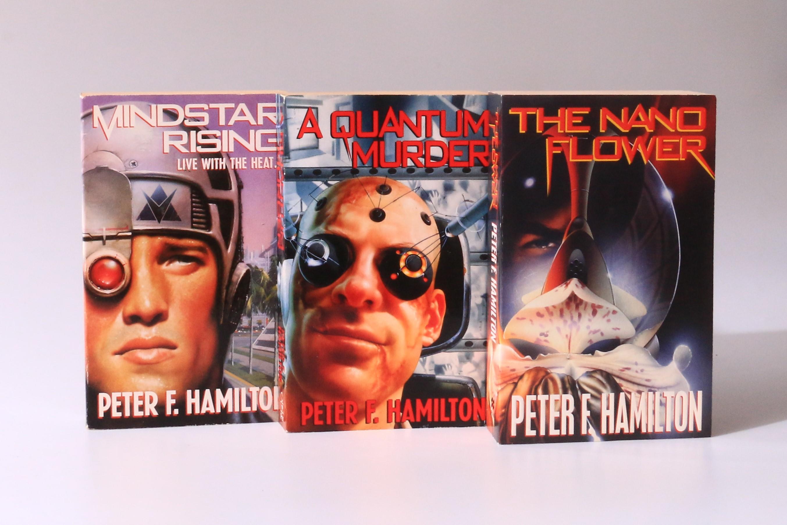 Peter F. Hamilton - The Greg Mandel Trilogy [comprising] Mindstar Rising, A Quantum Murder, and The Nano Flower - Pan, 1993-1995, Signed First Edition.