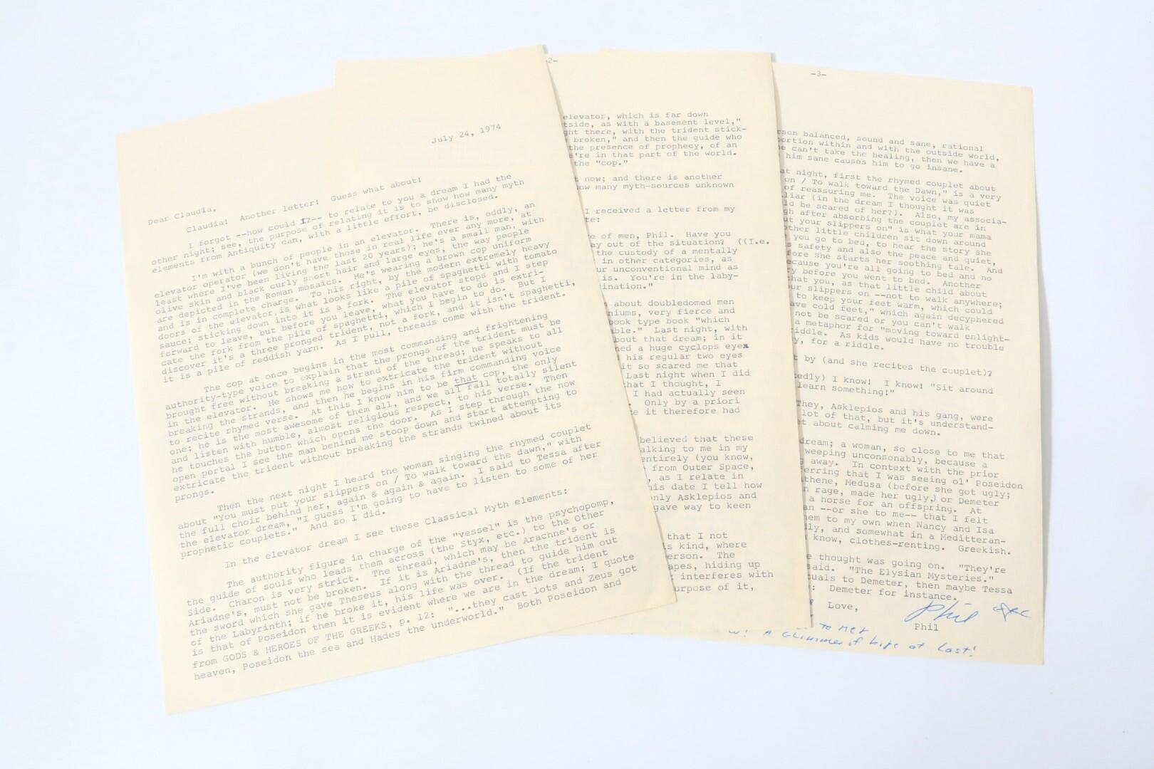 Philip K. Dick - Typed Letter Signed [TLS] to Claudia Bush with Manuscript Postscript - No Publisher, 1975, . Signed
