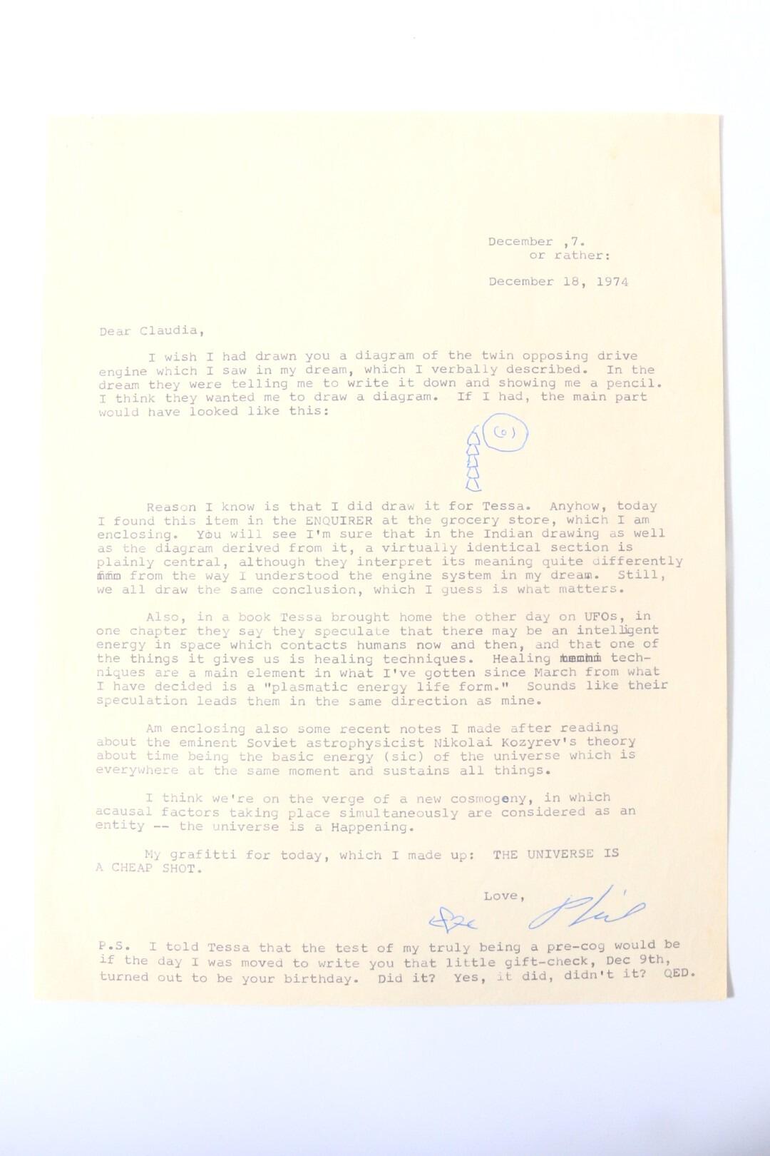 Philip K. Dick - Typed Letter Signed [TLS] to Claudia Bush - No Publisher, 1974.