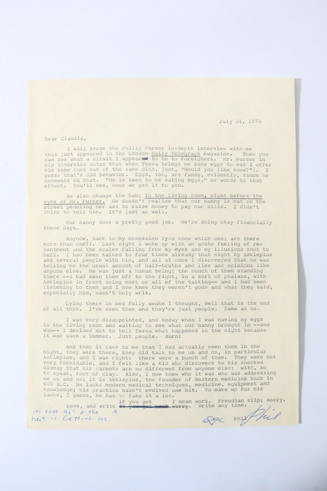 Philip K. Dick - Typed Letter Signed [TLS] to Claudia Bush - No Publisher, 1974, .