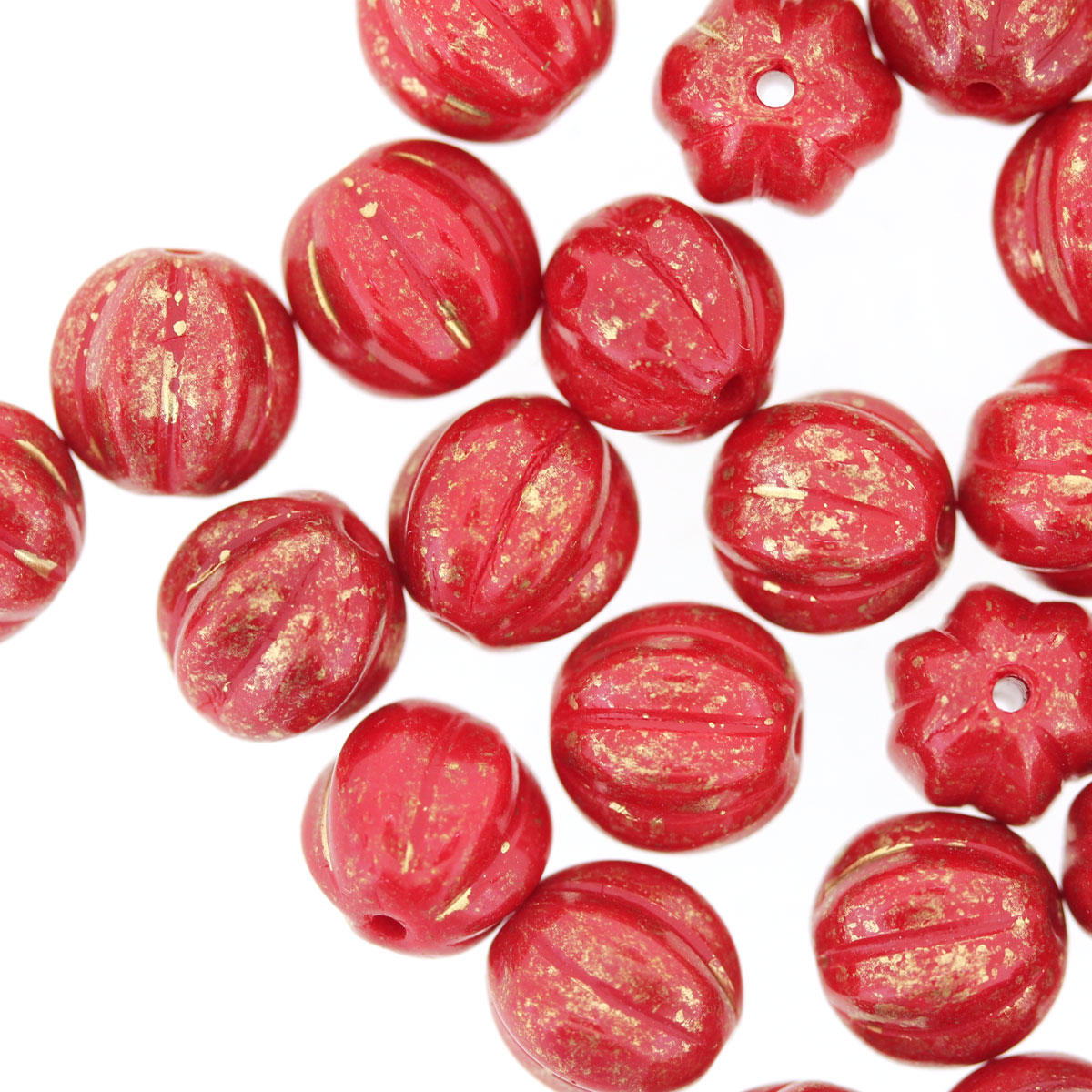 Red & Gold  Melon Red Glass Bead