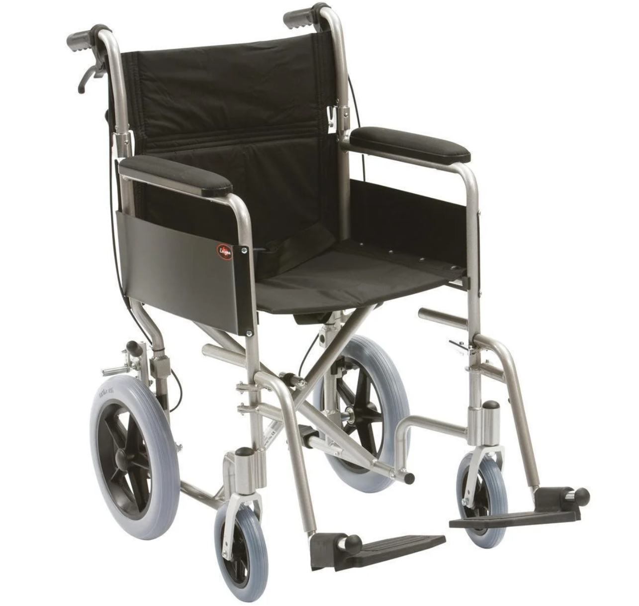 Transit wheelchair open and ready for hire with compact wheels and foldable frame