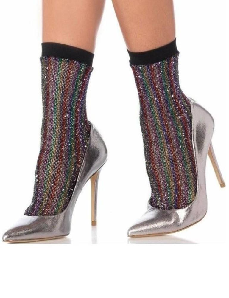 Leg Avenue Black & Rainbow Striped Lurex Fishnet Ankle Socks - Kiss Tights