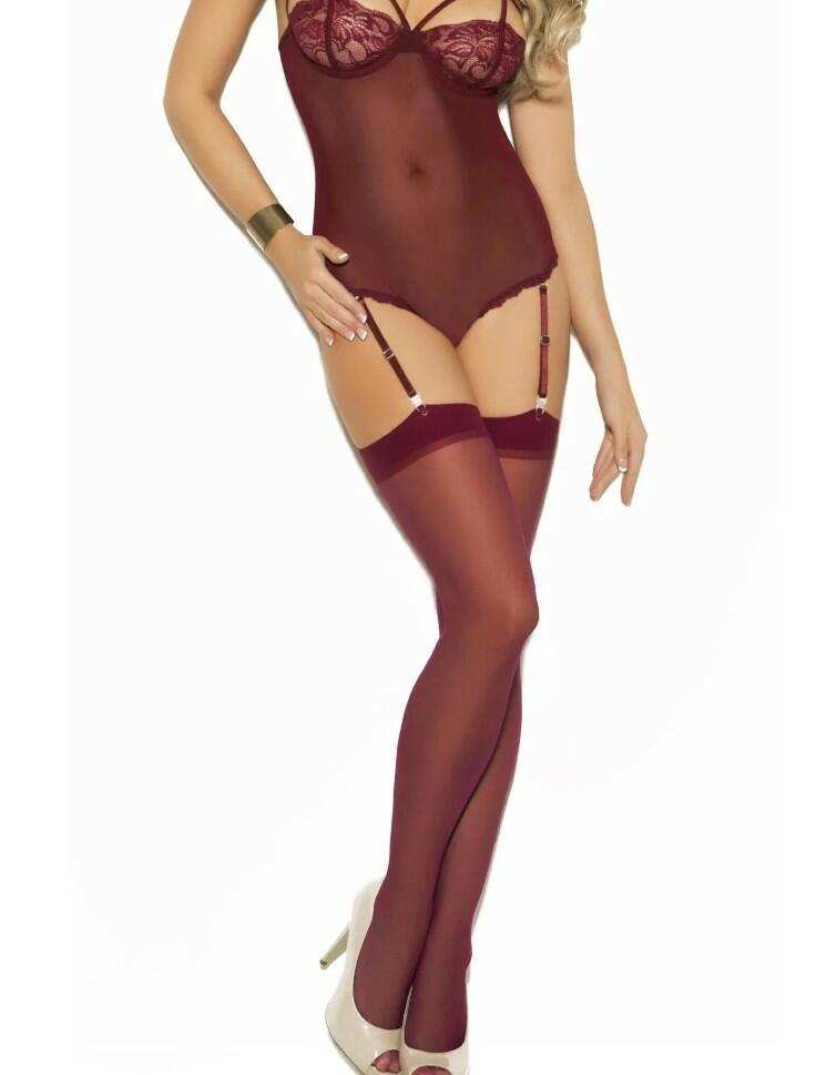 Elegant Moments Sheer Thigh High Stockings in Burgundy