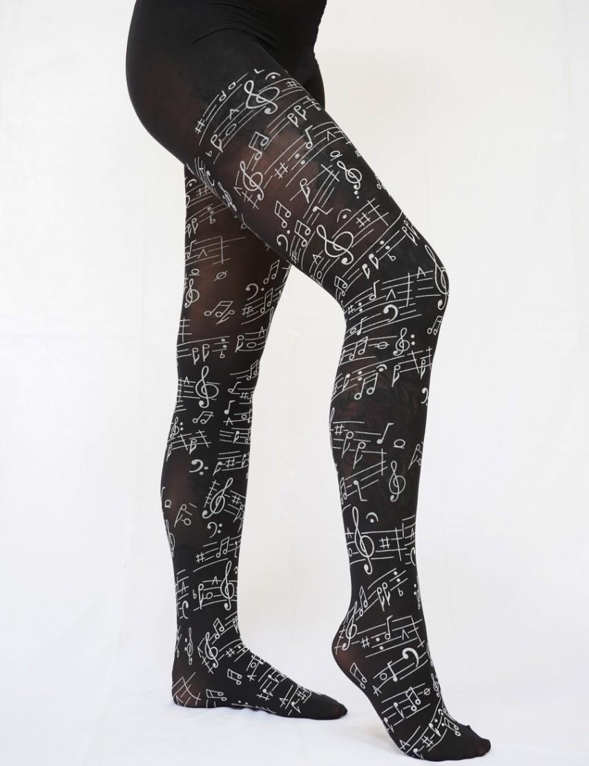 Pamela Mann Black Flocked Musical Notes Patterned Tights Side View