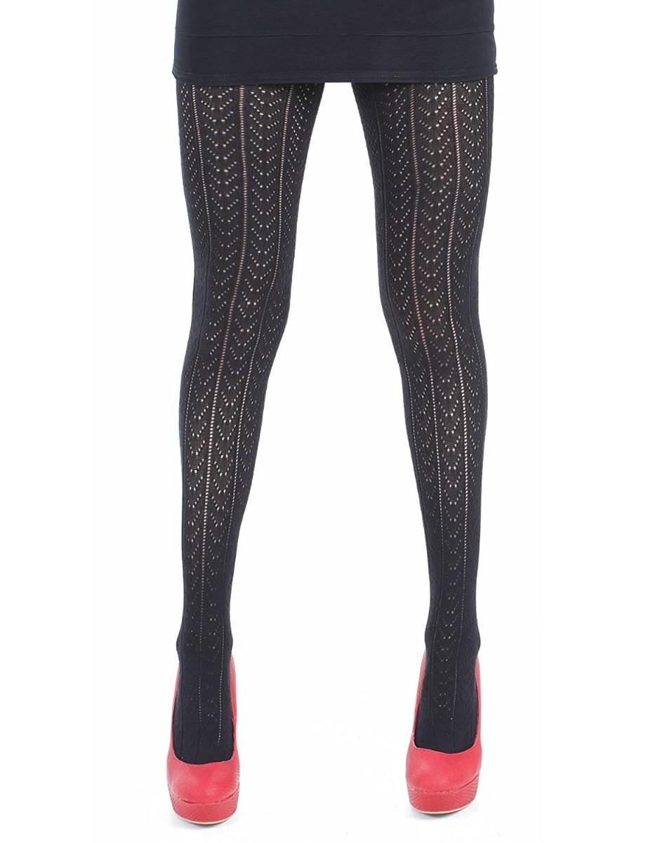 Black Lacy Cotton Chevron Patterned Tights - Kiss Tights
