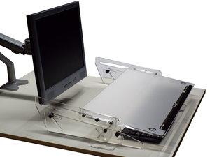 Go Slide Document Holder on a desk with a monitor, keyboard and mouse at its lowest position, pulled out over the keyboard