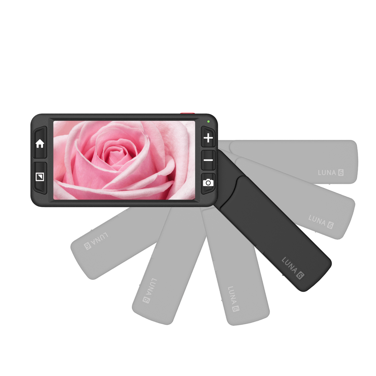 Luna 6 stock image with a pink rose on the screen, the handle is pulled out and there are ghost images of the handle to show how the handle moves when being opened