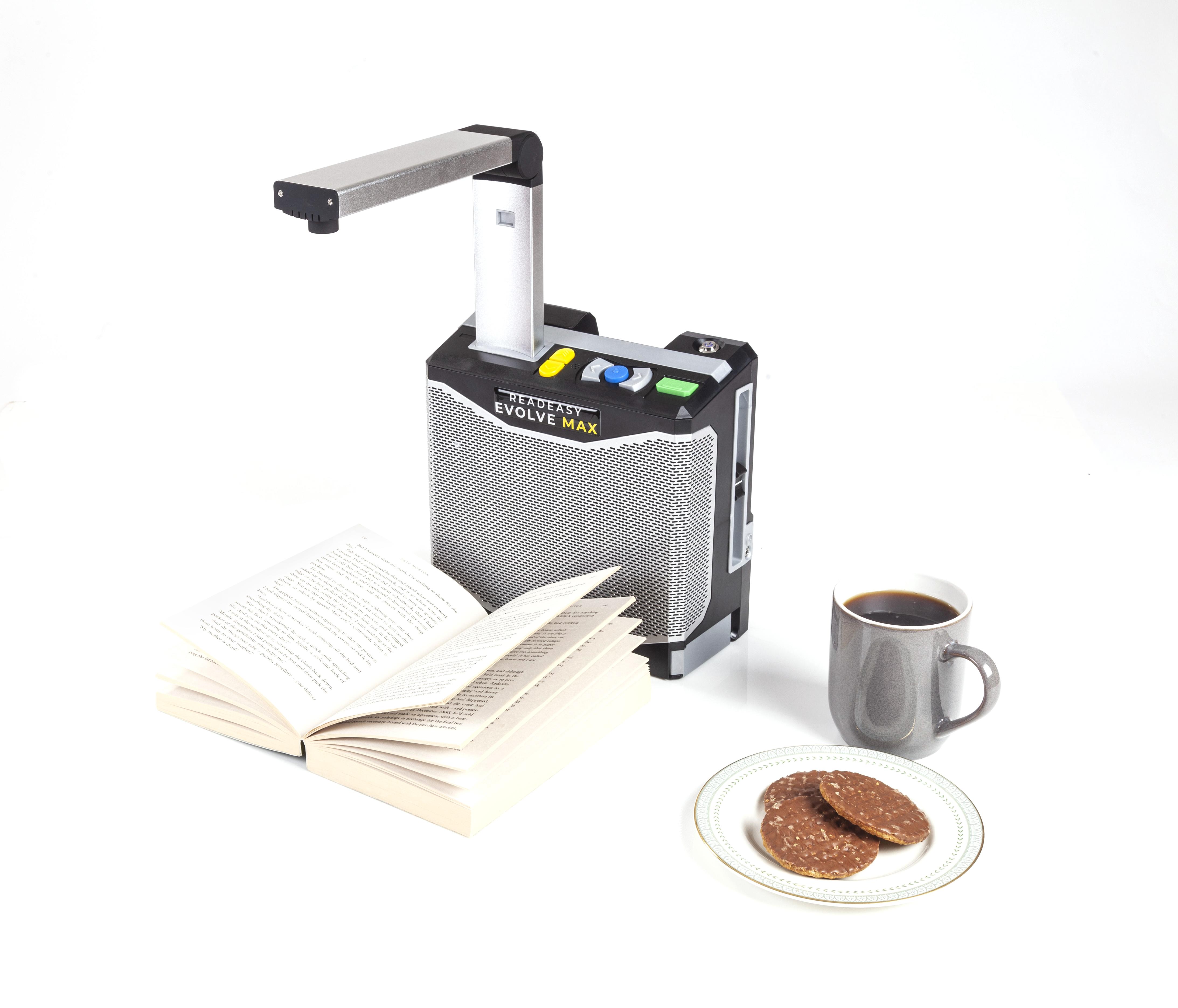 ReadEasy Evolve MAX capturing a book to the right of the readeasy evolve max is a grey mug of tea and a plate with 3 chocolate digestive biscuits