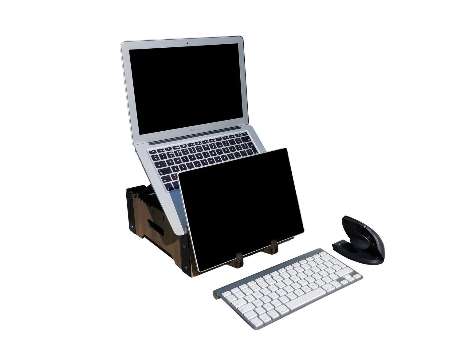 Go Eco Hive - Laptop & Tablet Stand on a table set up with a laptop and tablet and a keyboard and mouse