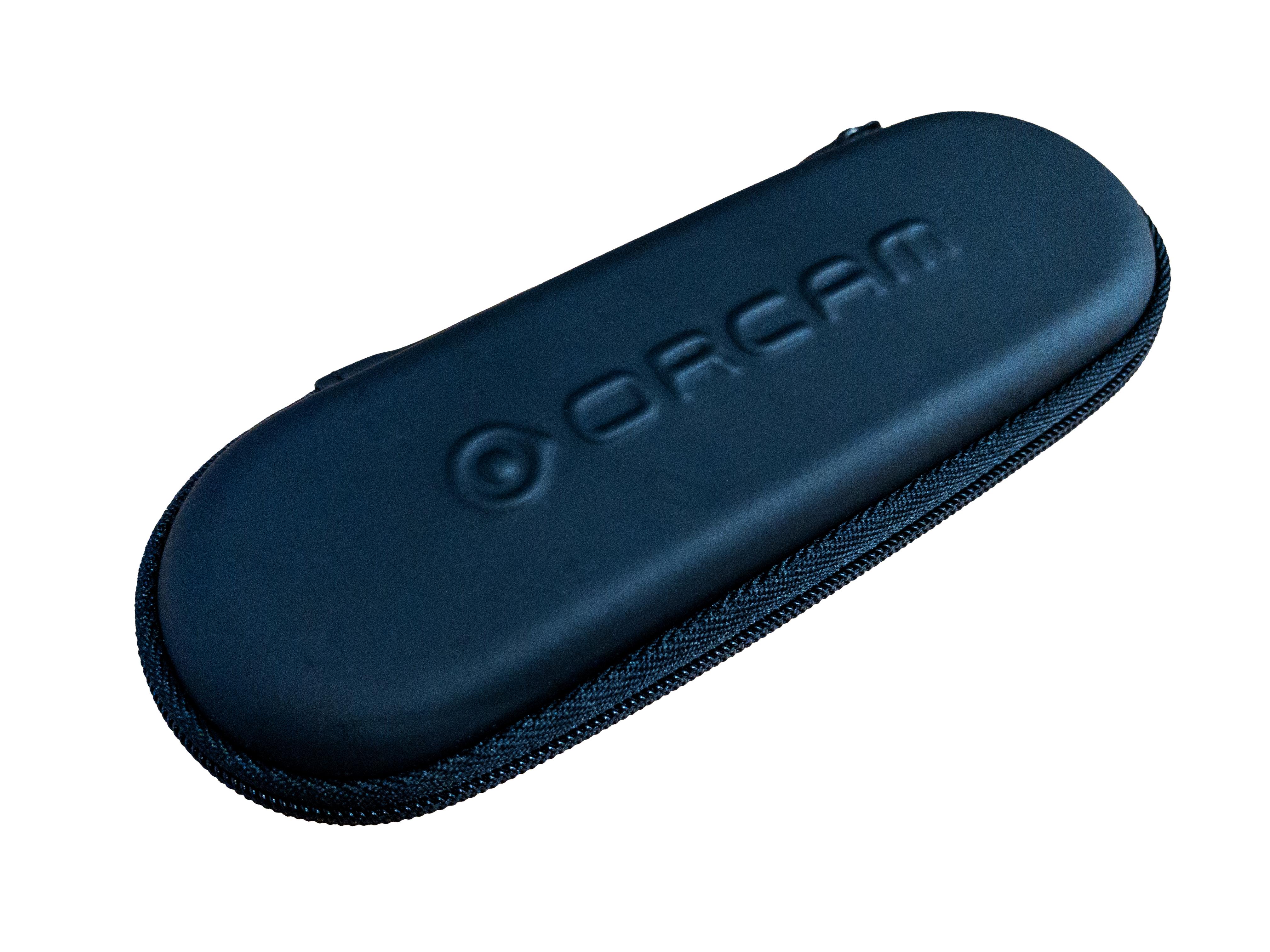 Orcam read smart case closed on the top of the case is the orcam logo embossed onto the case