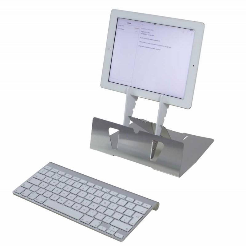 Arrow tablet stand with a wireless keyboard in front
