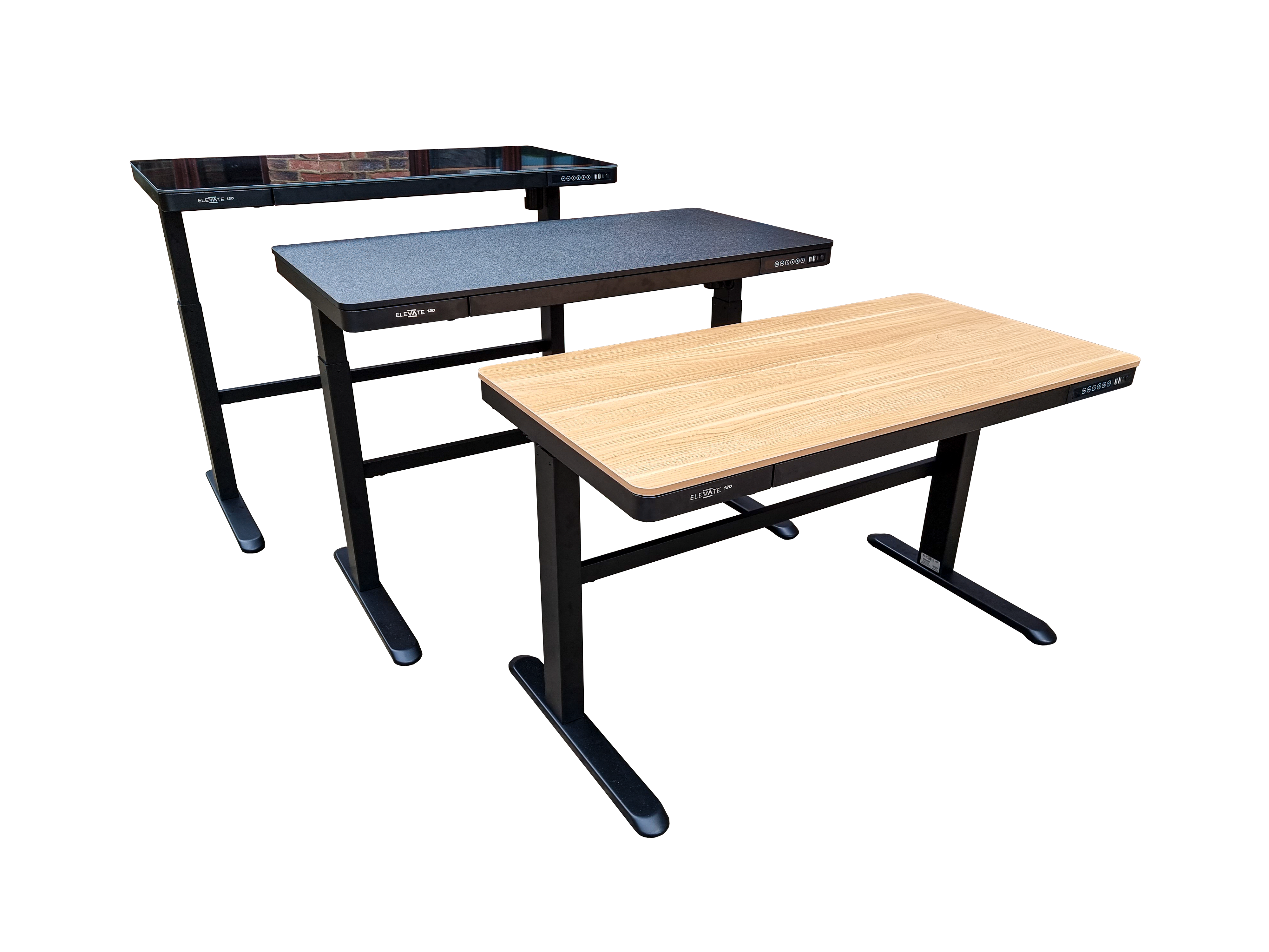 3 Elevate sit stand desks all with black bases, one with a black top, one with an oak top and one with a black glass top