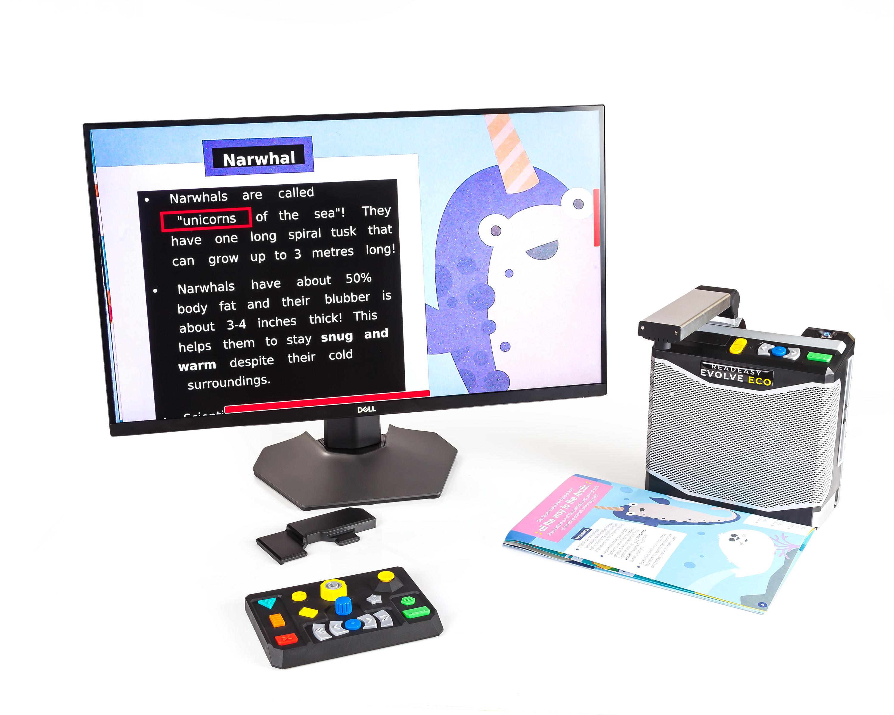 The Readeasy evolve eco connected to an external screen. The readeasy evolve eco is capturing a page from a childrens magazine, the captured page can be seen magnified on the screen. in front of the screen is the optional feature pack with it's guide cover removed