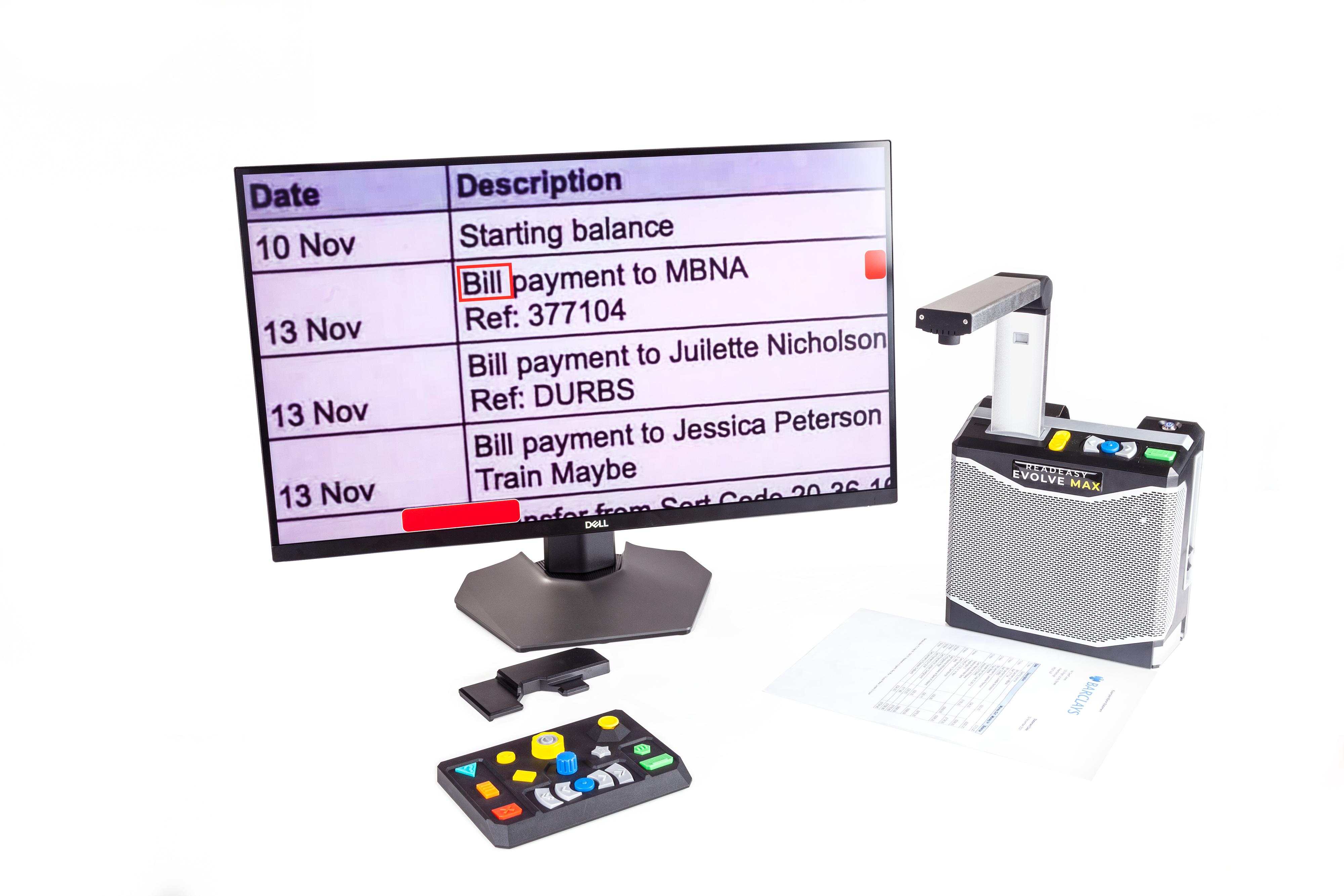 ReadEasy Evolve MAX connected to a screen in front of the screen is it's optional feature pack with it's guide cover removed. The ReadEasy Evolve MAX is capturing a bank statement, it's displaying the captured table information on the screen in it's true colour.