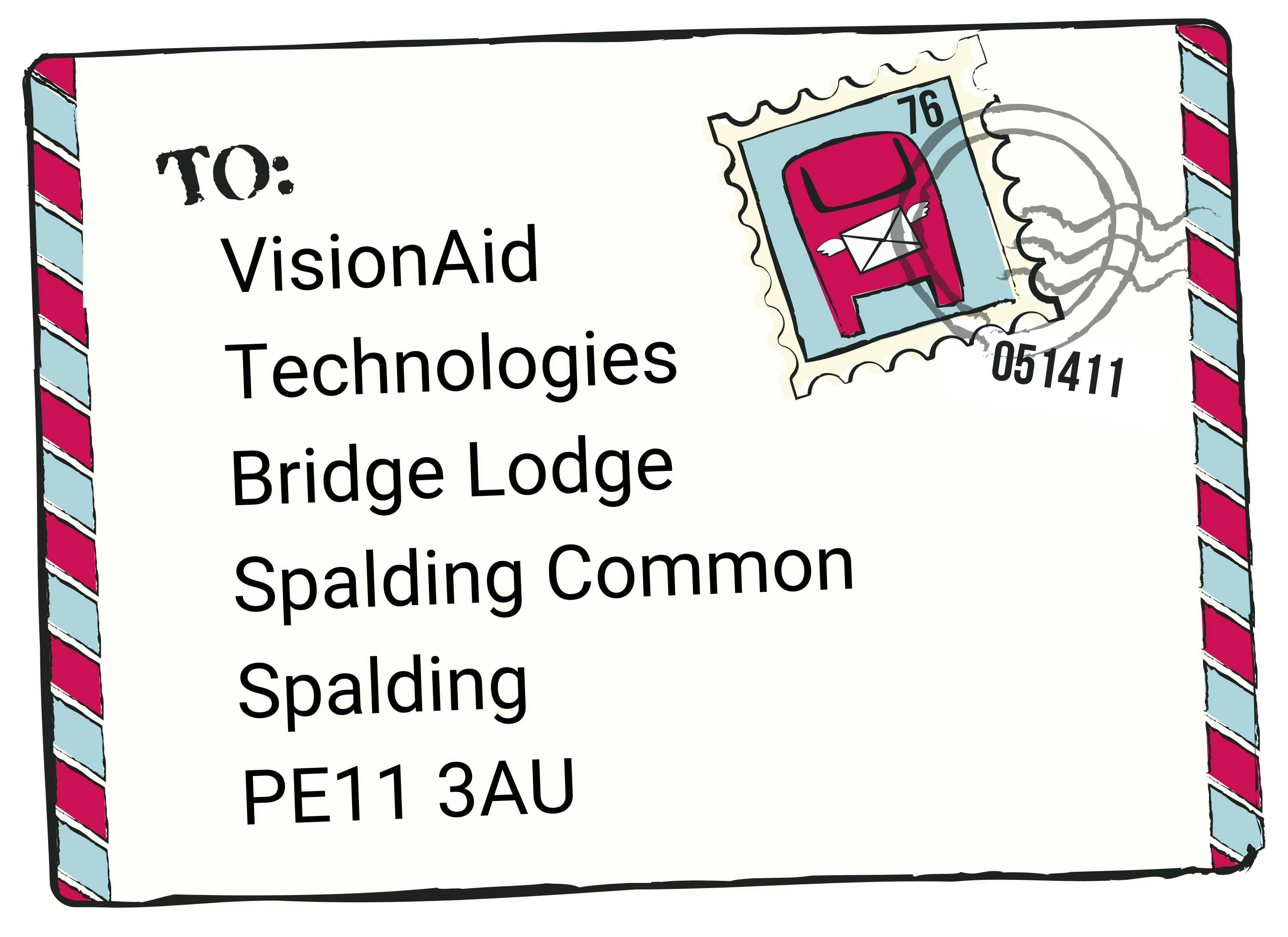 Image of envelope with the VisionAid address on: VisionAid Technologies, Bridge Lodge, Spalding Common, Spalding, PE11 3AU, 