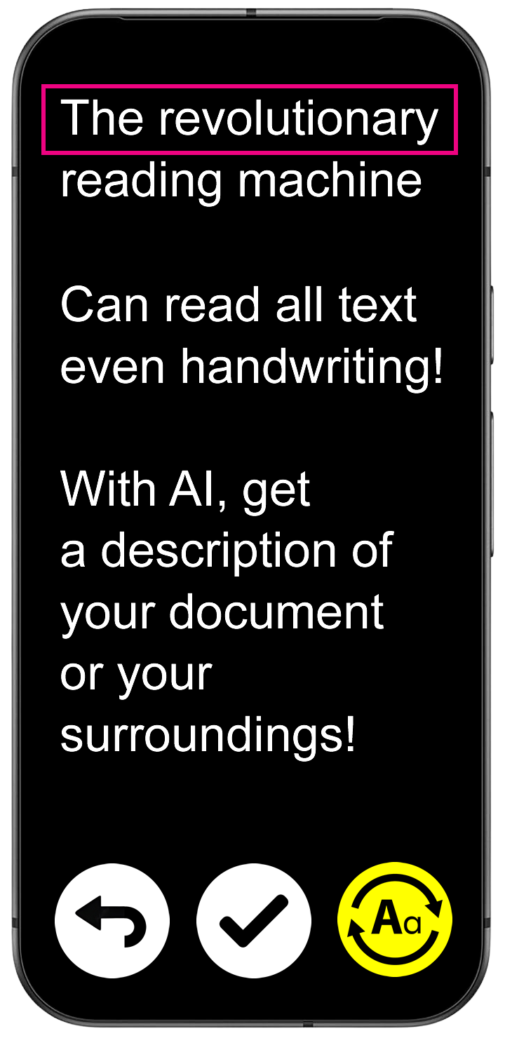 An image of the VoxiVision 2 screen, the screen reads - The revolutionary reading machine Can read all text even handwriting! With AI, get a description of a description of or your surroundings!