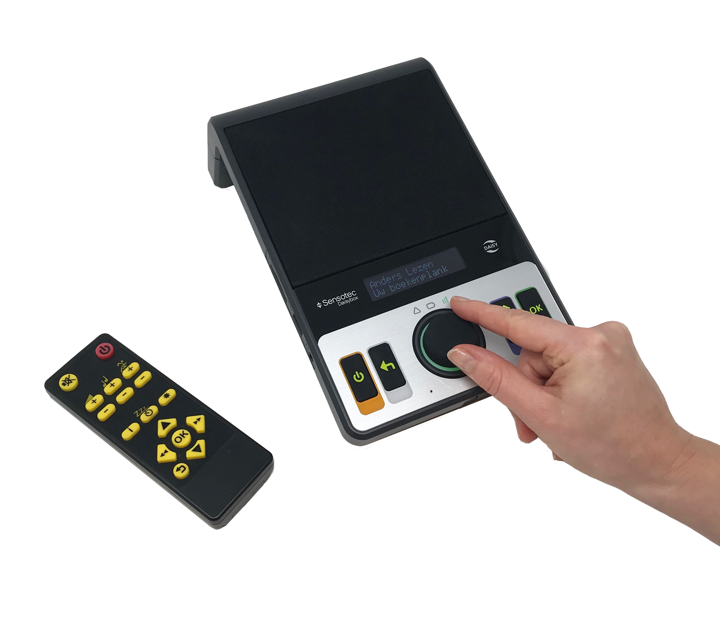 Daisybox and its controller there is a hand turning the control knob on the daisybox