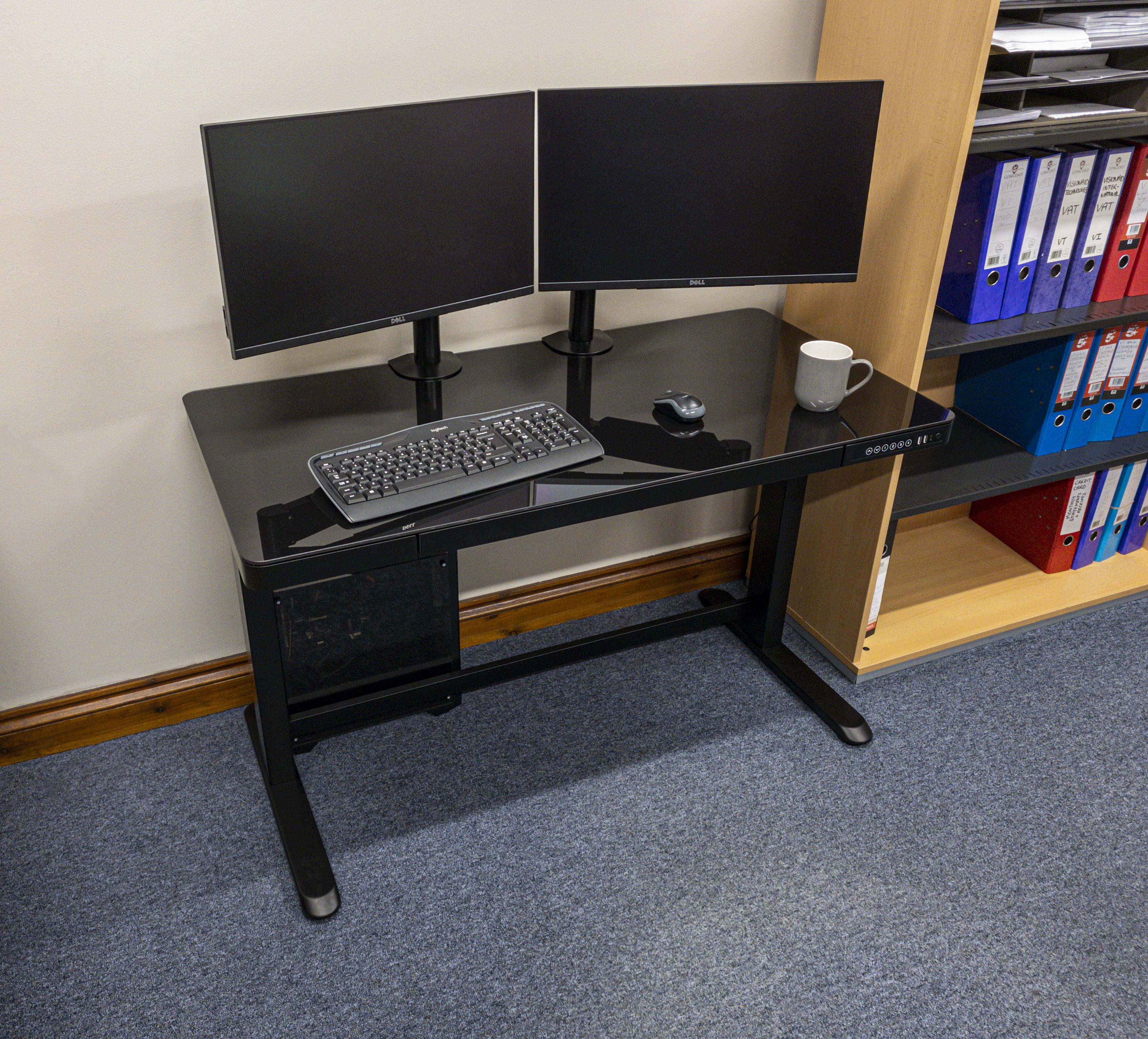 Elevate sit stand desk black base with black glass top