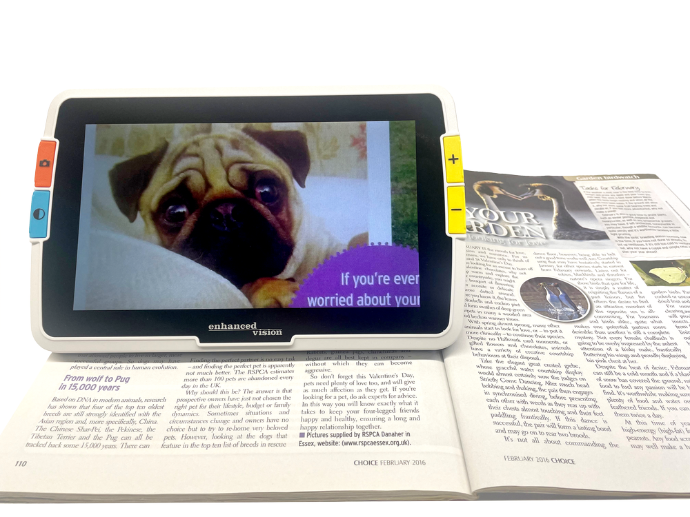 Amigo 8 HD magnifying an image of a dog in a magazine article