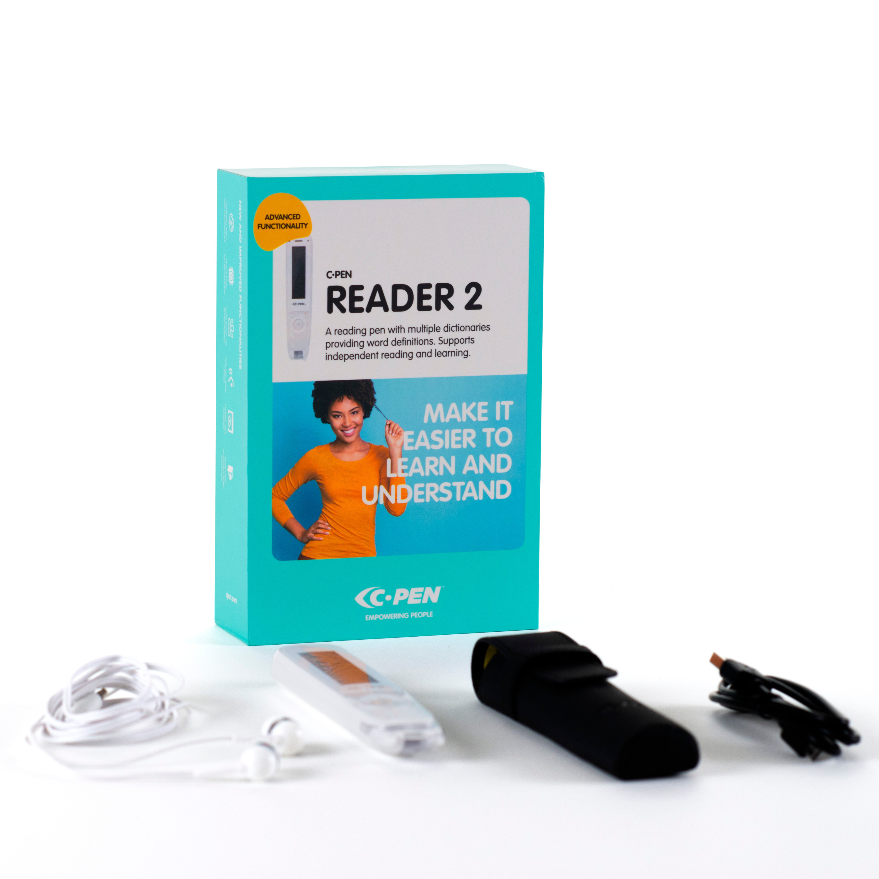 image of the c-pen reader 2 box with the contents in front from right to left wired in ear earphones the reader 2 it's case and charging cable