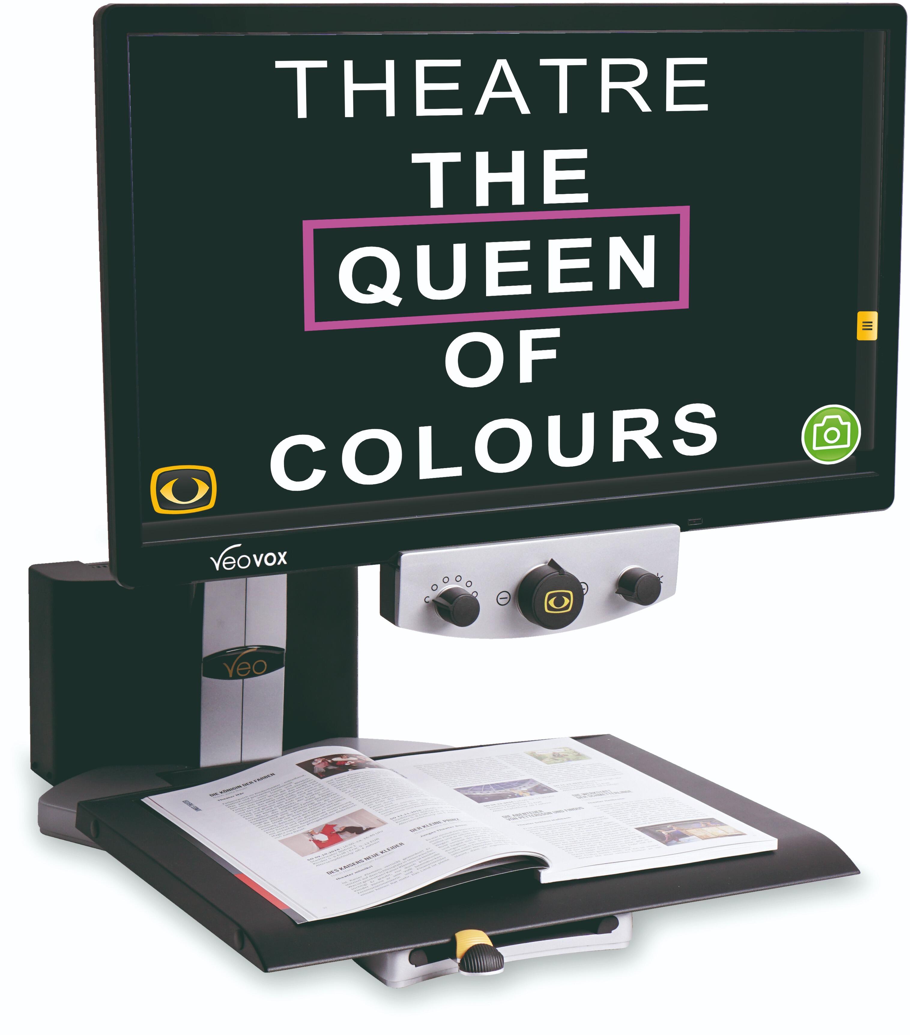 VEO Vox desktop video magnifier showing white text on a black screen the text is shown in the centre of the screen one word at a time