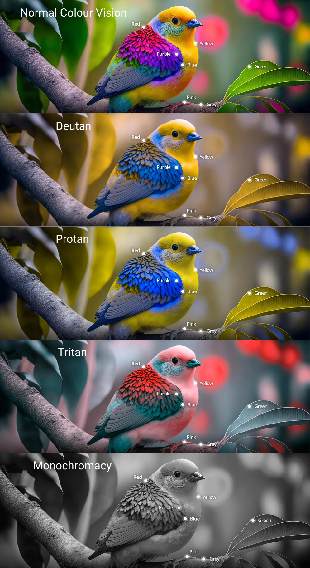 A repeating image of 5 birds, the first bird is depicting the colours as seen by someone with normal colour vision, the 2nd is depicting the colours as seen by someone with Deutan colour blindness, the 3rd is depicting the colours as seen by someone with Protan colour blindness, the 4th is depicting the colours as seen by someone with Tritan colour blindness and the 5th and last is depicting the colours as seen by someone with monochromacy vision.