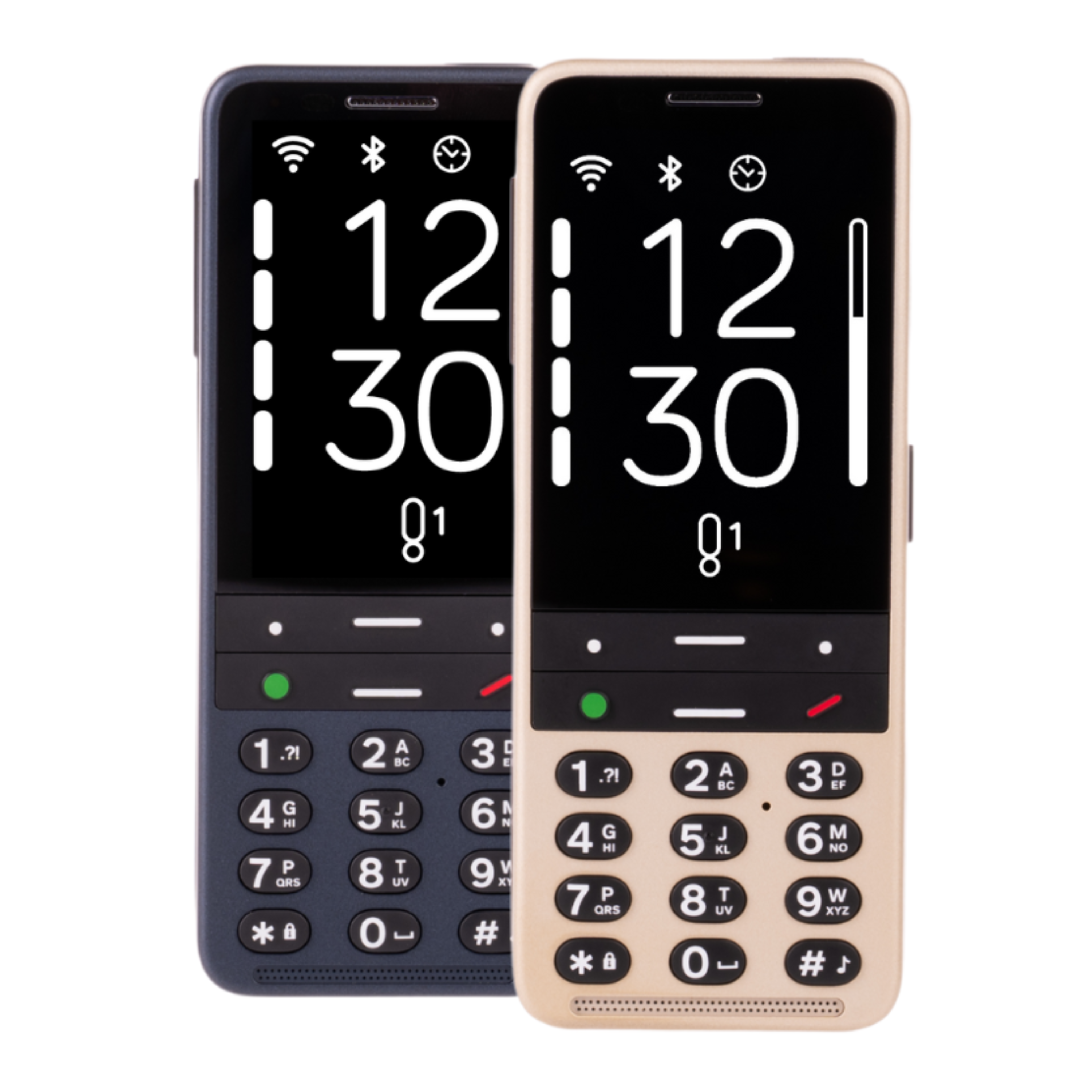 two BlindShell Classic 3 phones (front view) next to each other on the left is the ocean blue and the right is golden sands