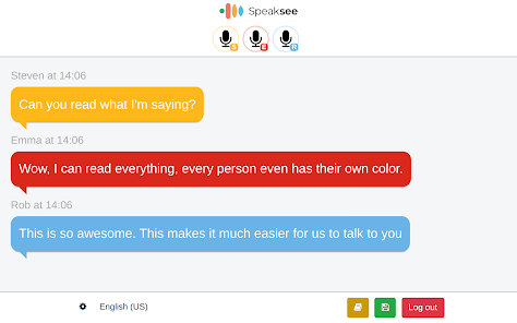 Image of speaksee software with 3 participants engaging in a conversation
