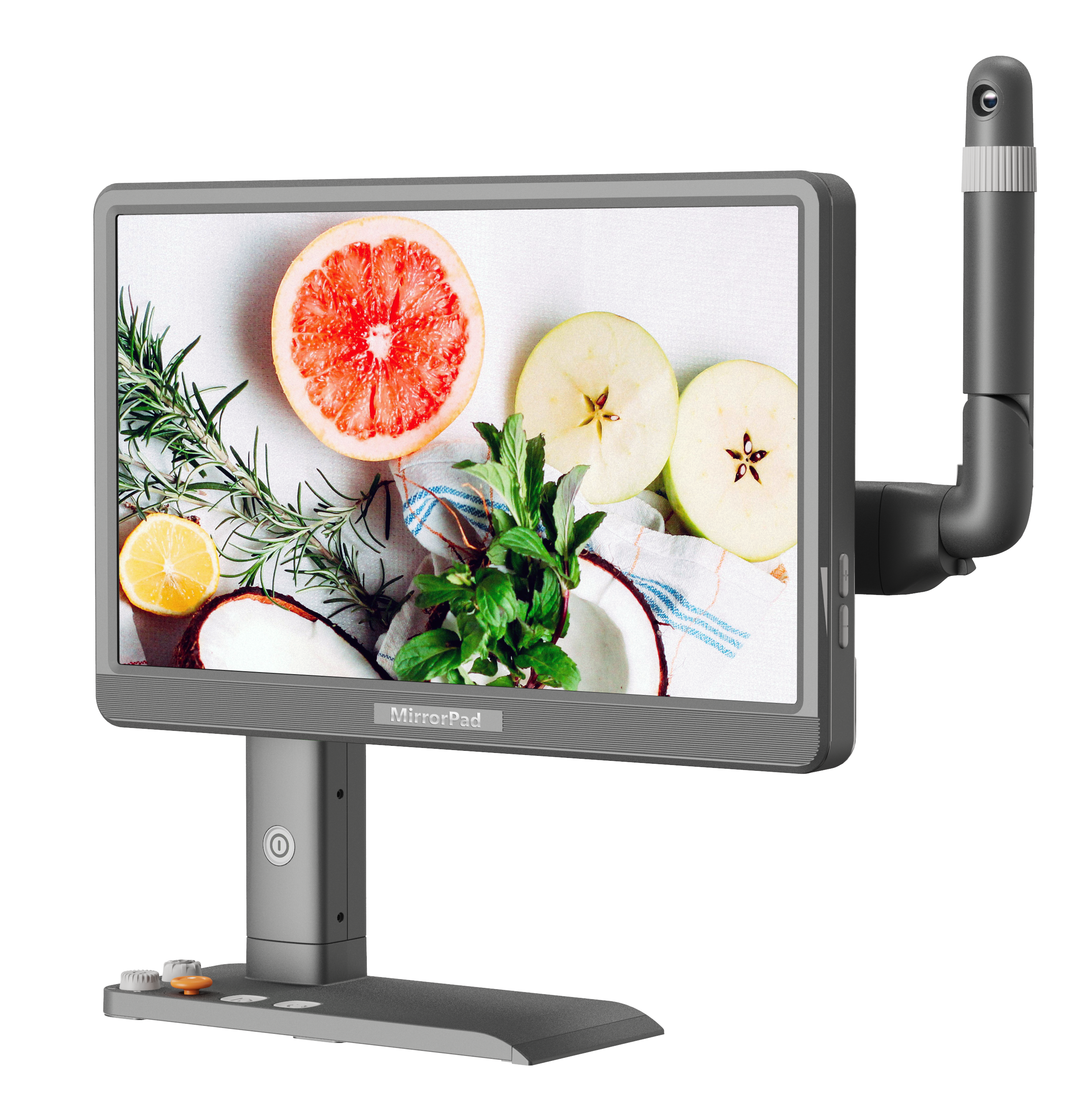 MirrorPad pro in landscape view showing a selection of fresh fruit on the screen