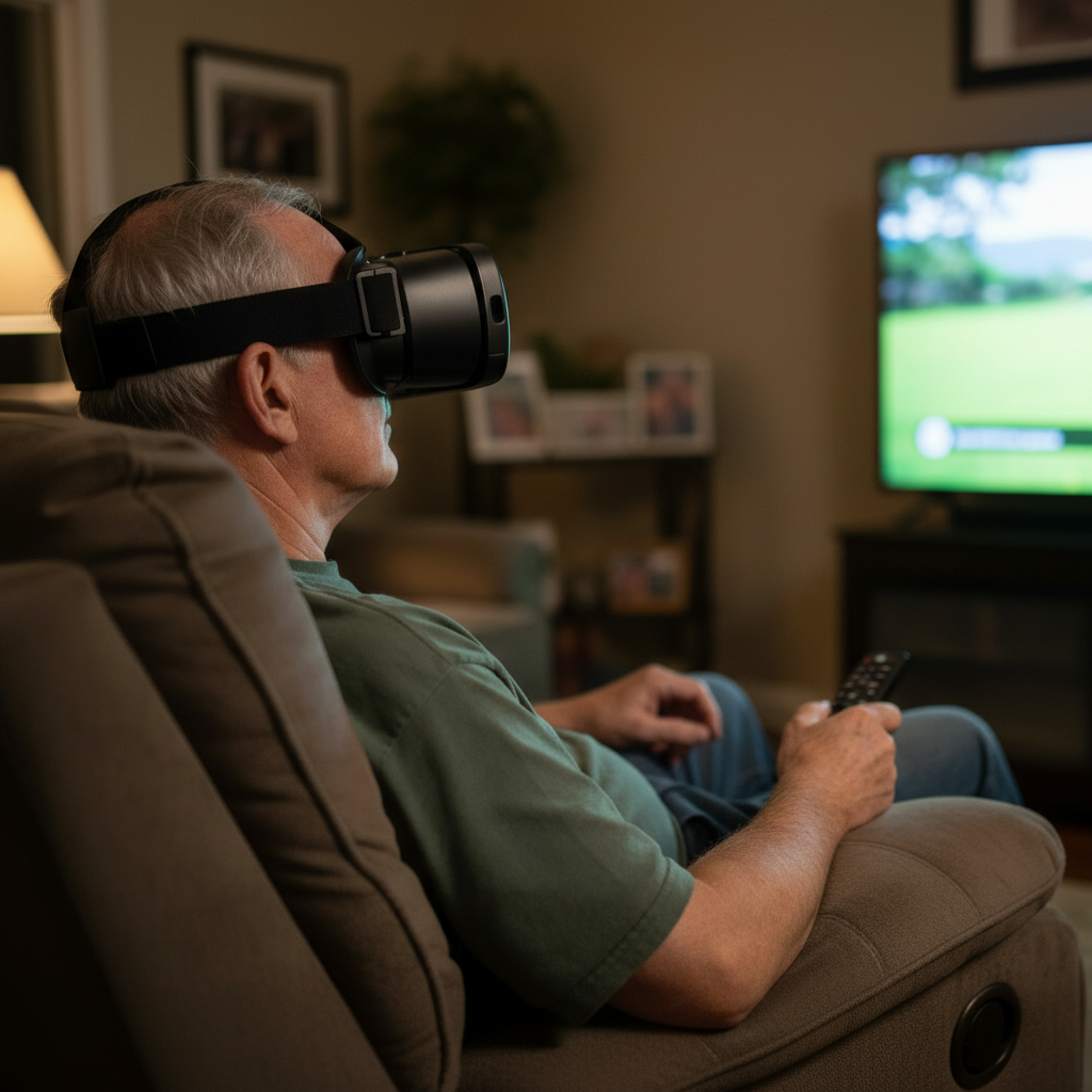 Acesight VR being worn by an older gentleman to watch TV.