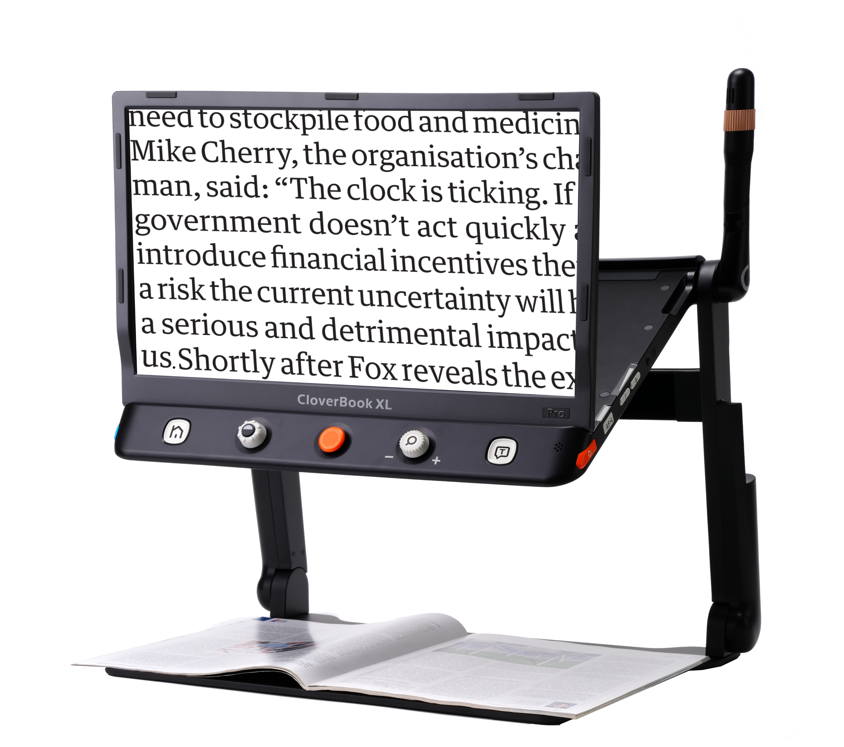 CloverBook XL Pro right side view with a document underneath the distance viewing camera is in the upright position